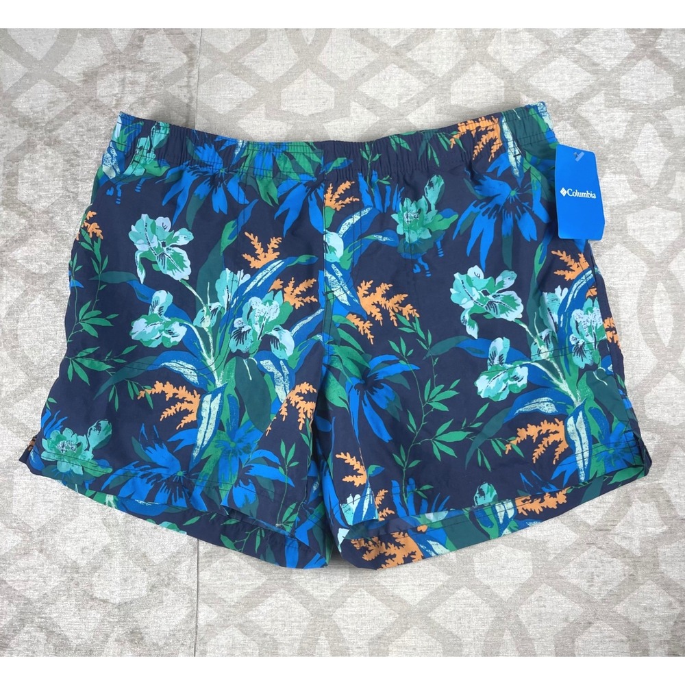 Columbia Sandy River Shorts Women Large Navy Blue NWT Floral 5in Inseam Nylon